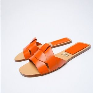 Zara Low Heeled Crossed Leather Sandals, Orange, Size 8. NWT